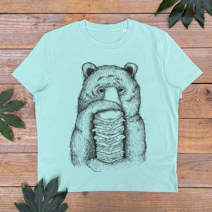 mint tshirt with bear eating a sandwich design