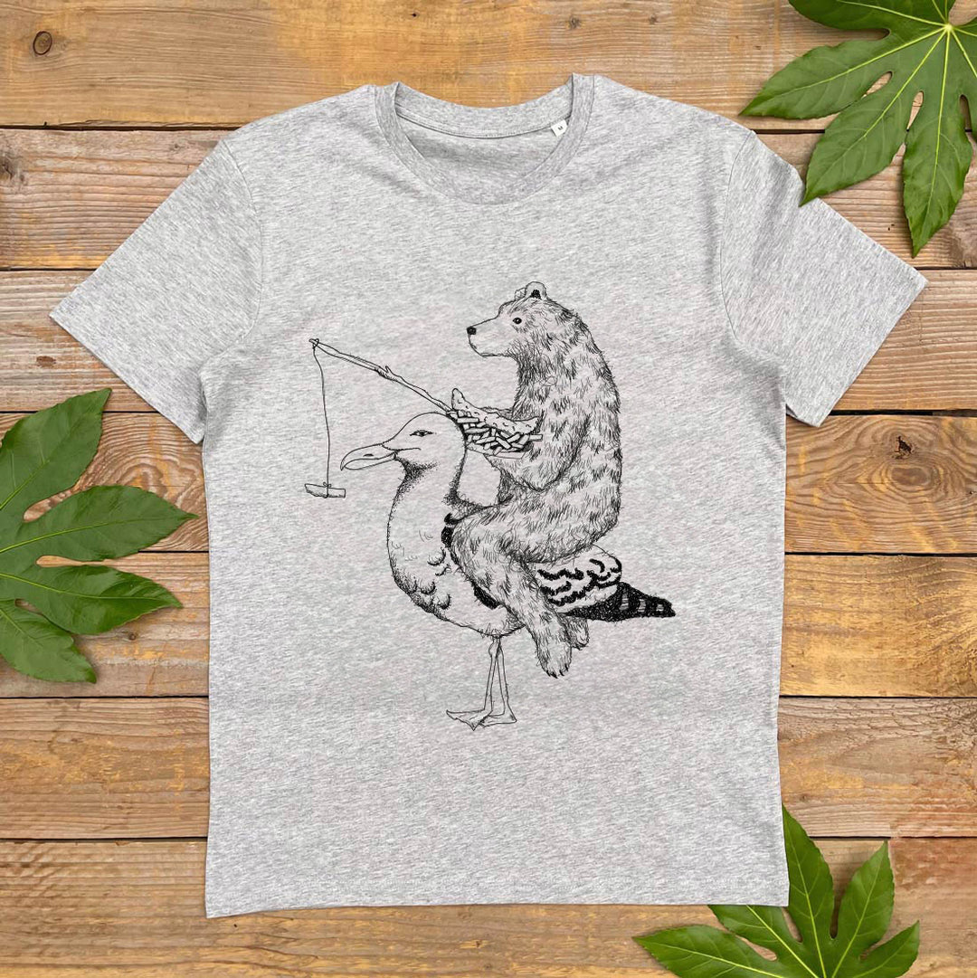 bear riding a seagull grey tshirt