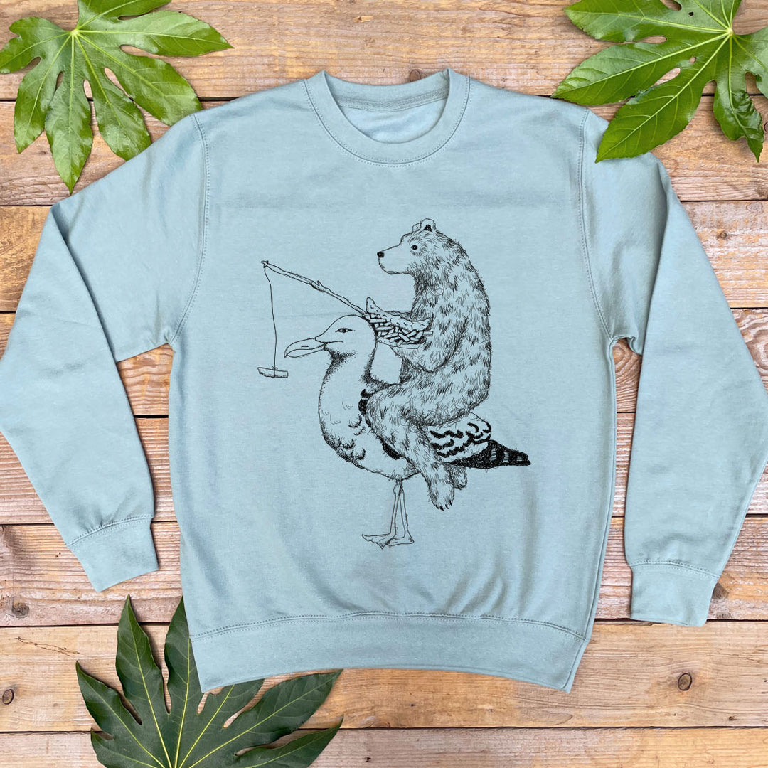 mint jumper with seagull and bear design