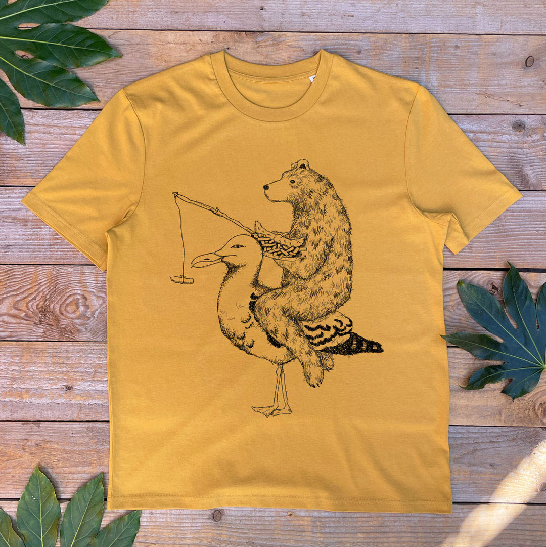 bear and seagull printed mustard tshirt