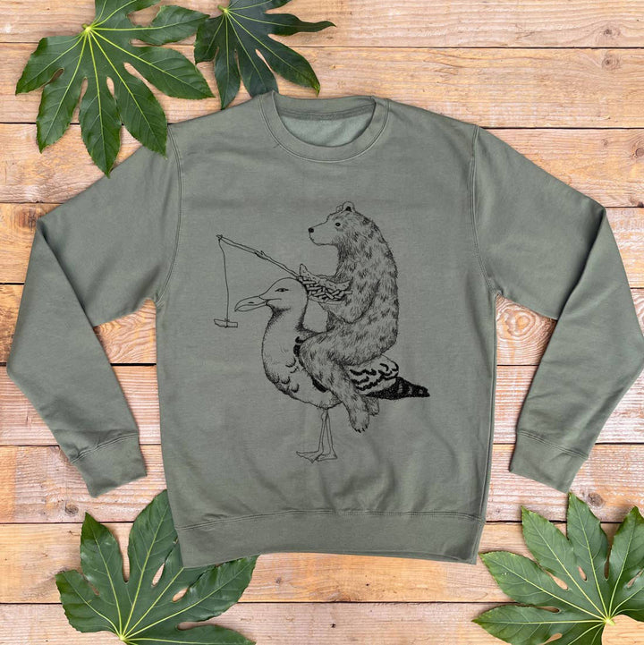 seagull bear and fish n chips print jumper