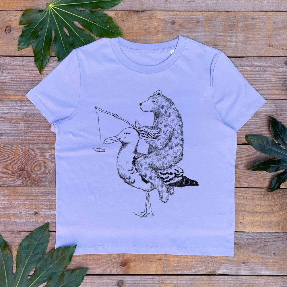 purple tshirt with bear riding a seagull print