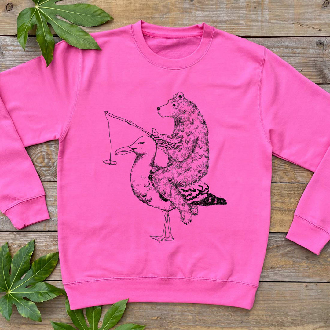 pink jumper with bear riding a seagull design