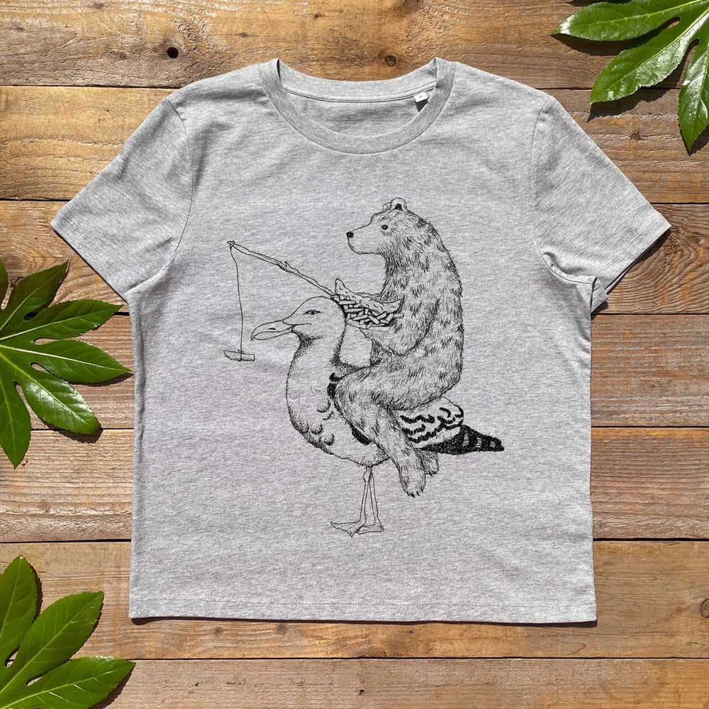 grey womens tshirt with bear and seagull 