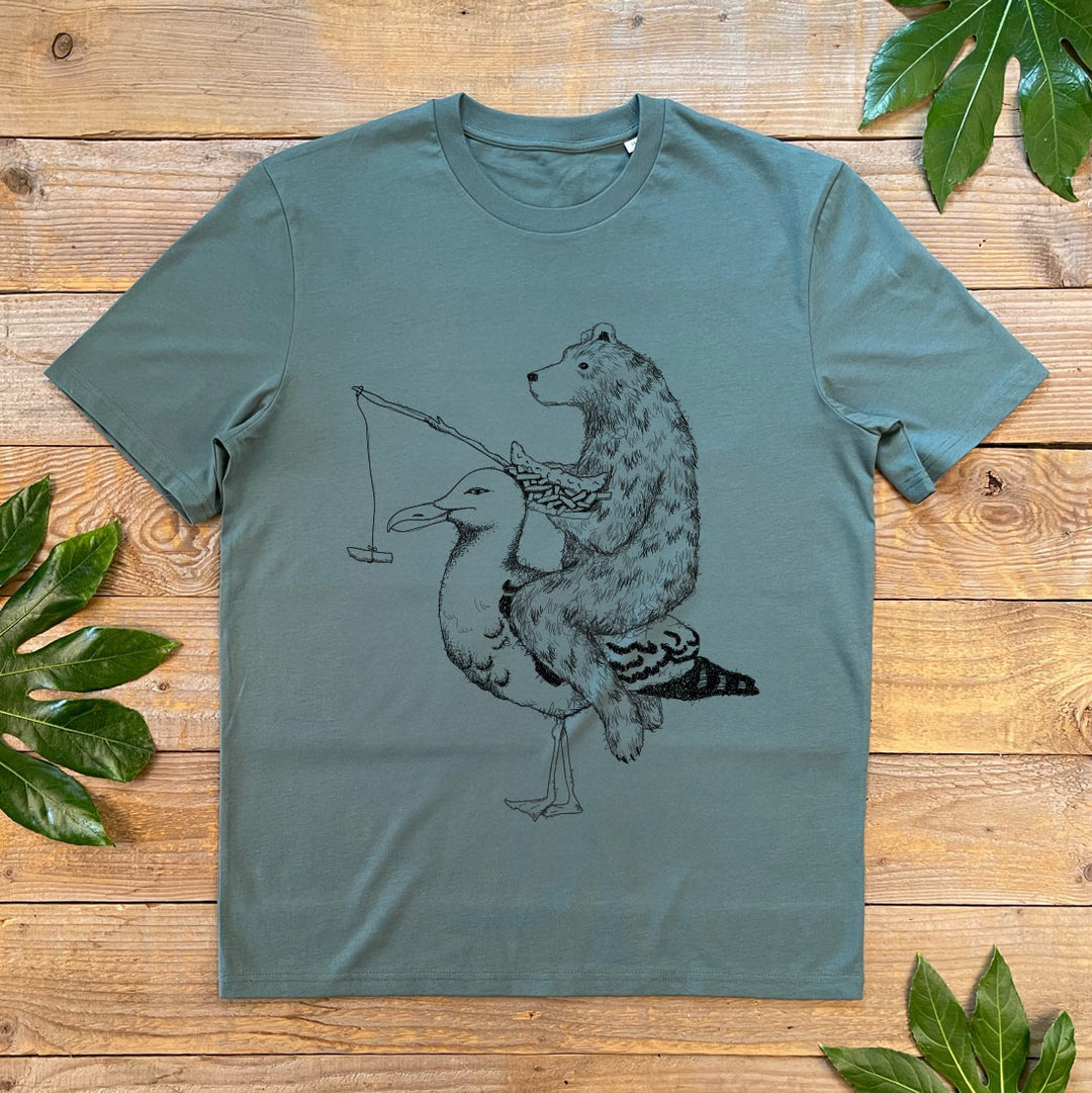 bear riding a seagull with fish and chips tshirt
