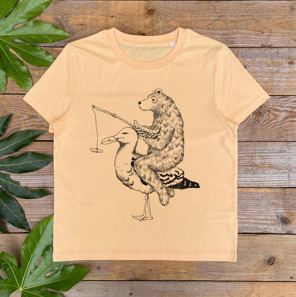 bear riding a seagull design womens tshirt