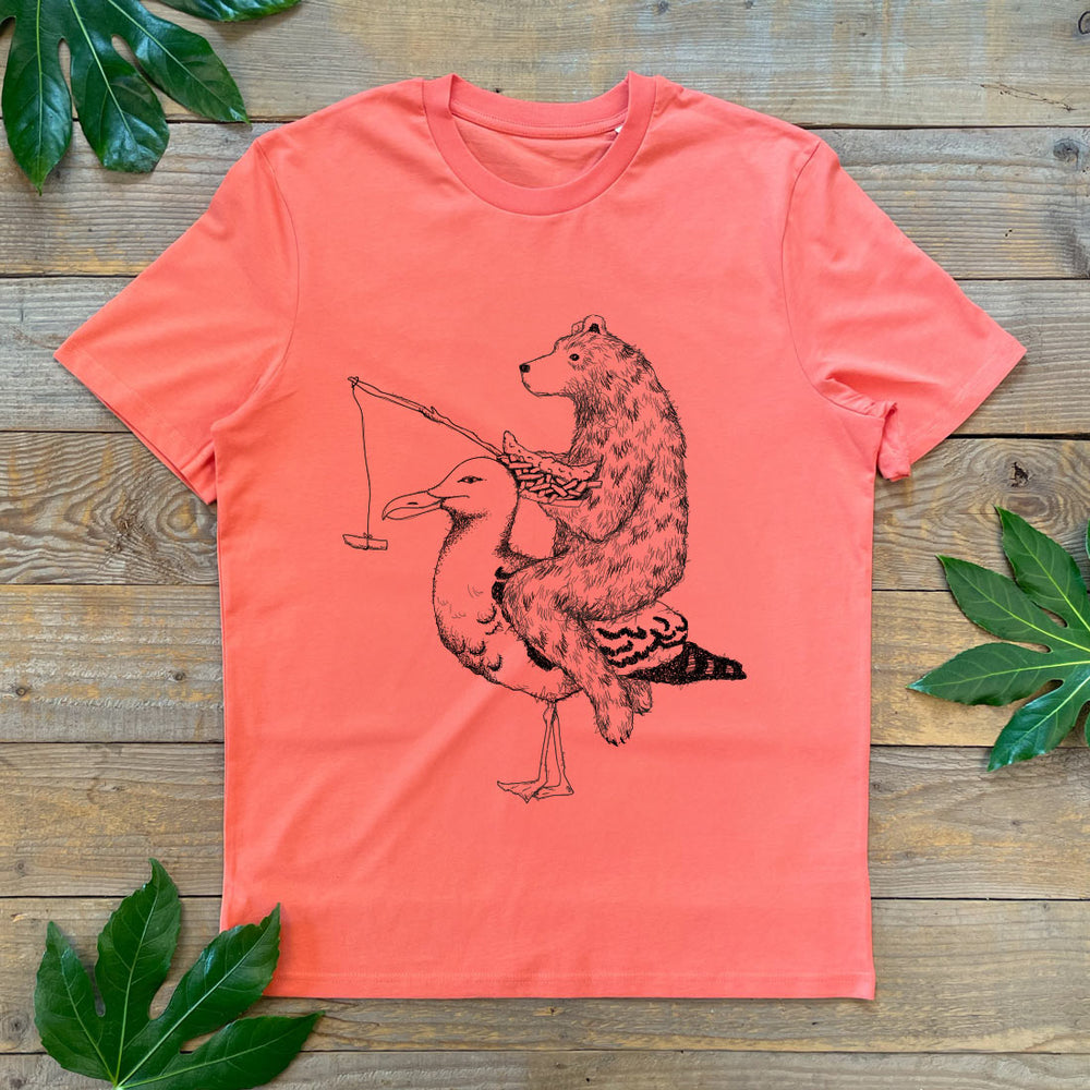 orange tshirt with bear riding a eagull with fish and chips