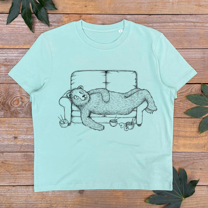 mint tshirt with sofa and bear design
