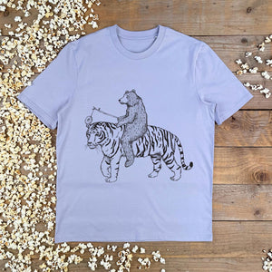 BEAR RIDING A TIGER LILAC MENS TSHIRT