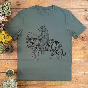 BEAR RIDING A TIGER KHAKI TSHIRT