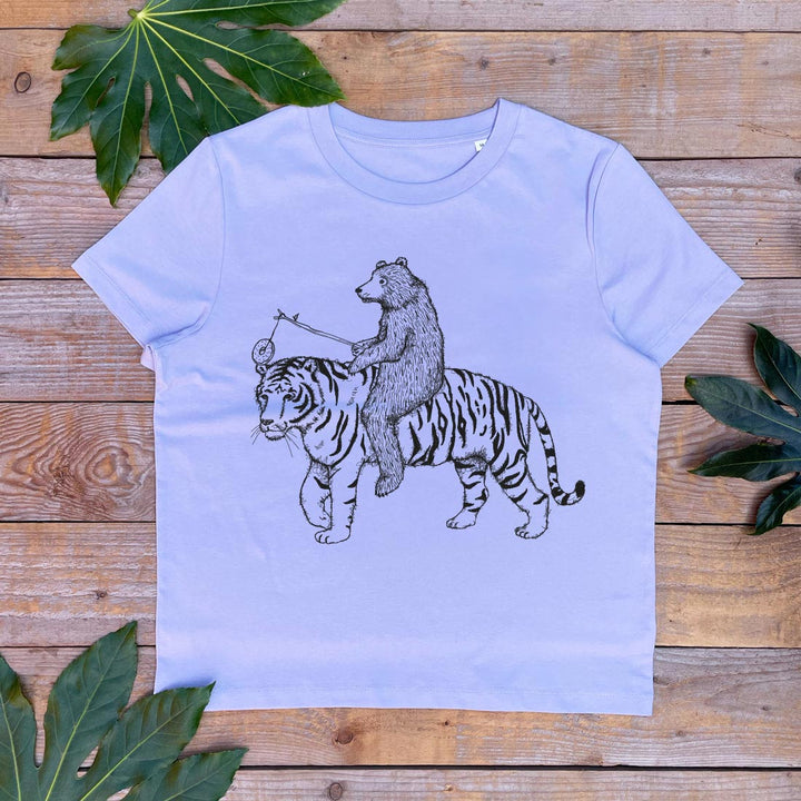 purple tshirt with bear riding a tiger