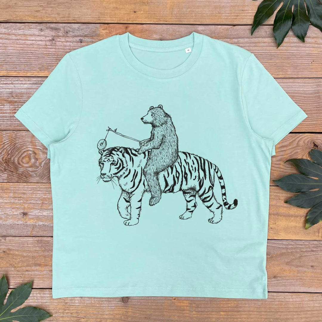mint tshirt with a bear and tiger print