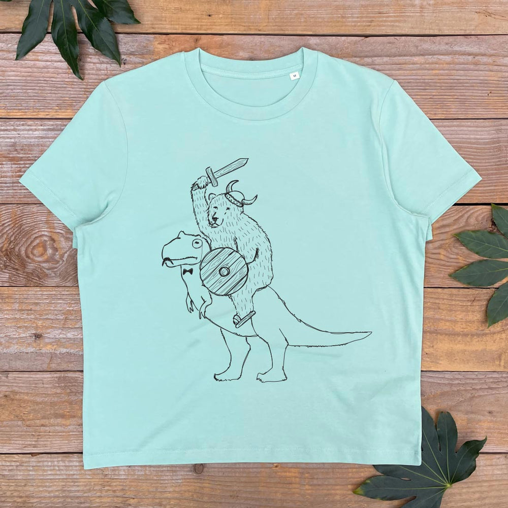 TSHIRT WITH A BEAR RIDING A DINOSAUR DESIGN PRINTED ON IT