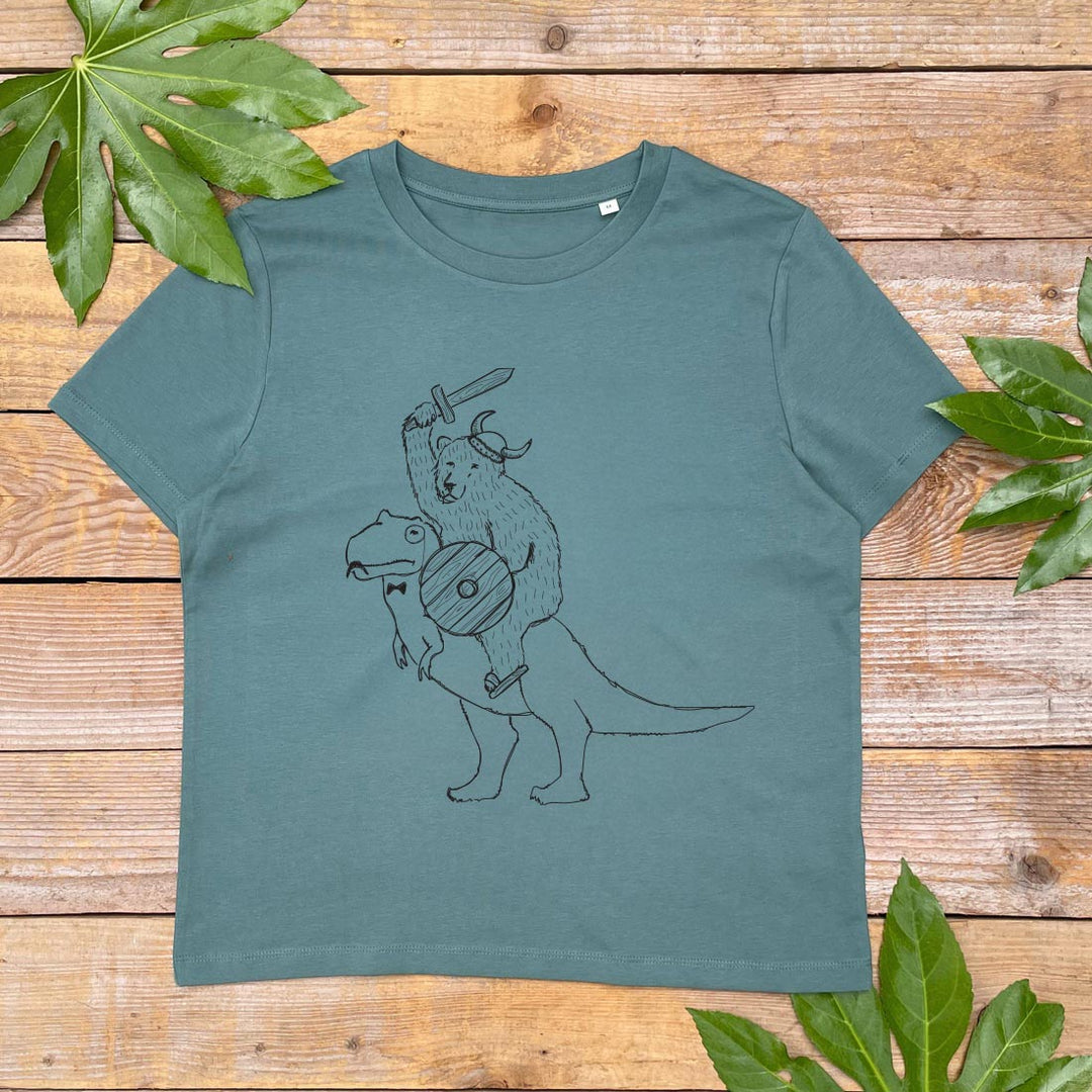 WOMENS TSHIRT WITH A BEAR RIDING A DINOSAUR DESIGN