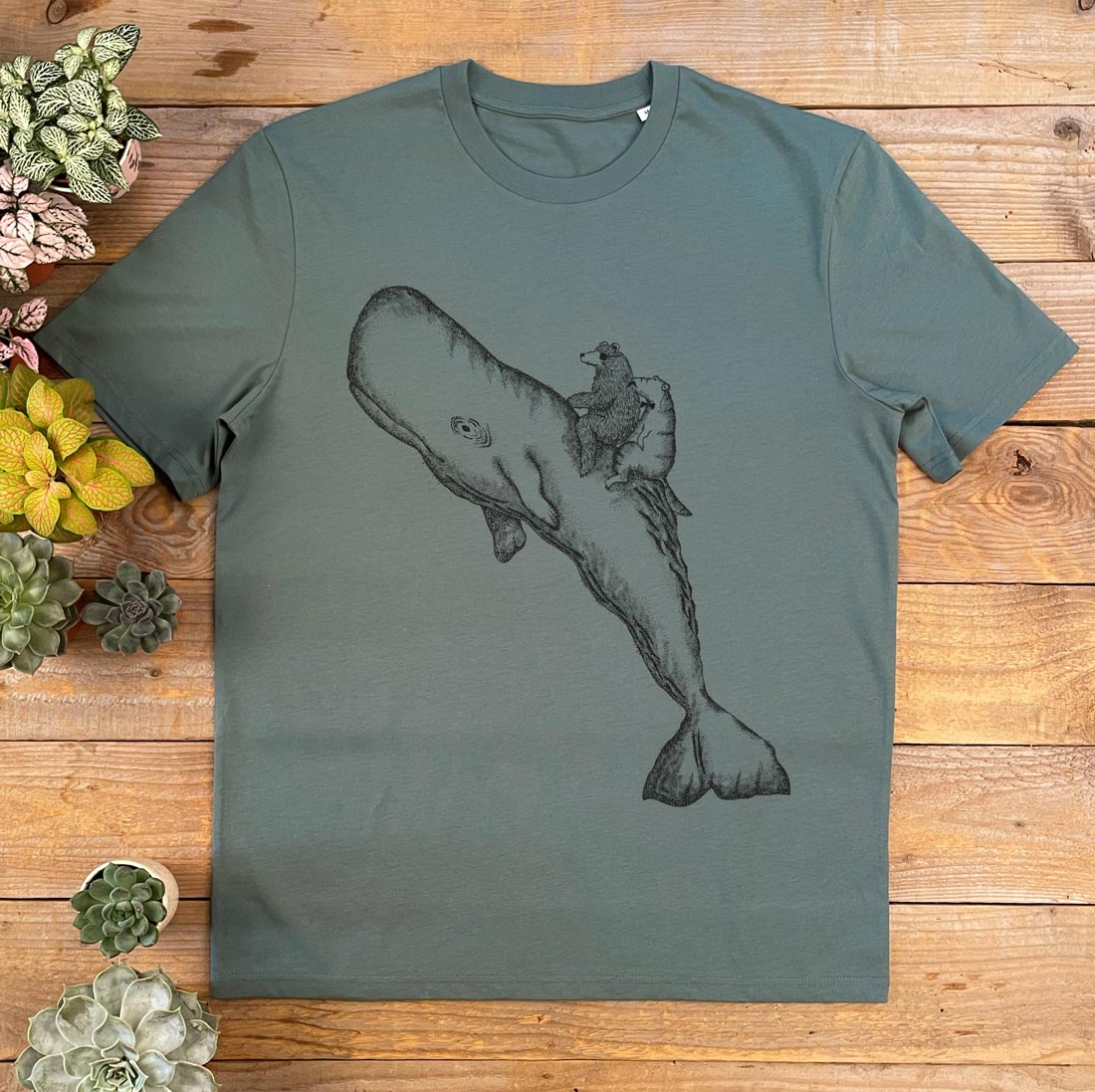 BEAR RIDING A WHALE PESTO TEE