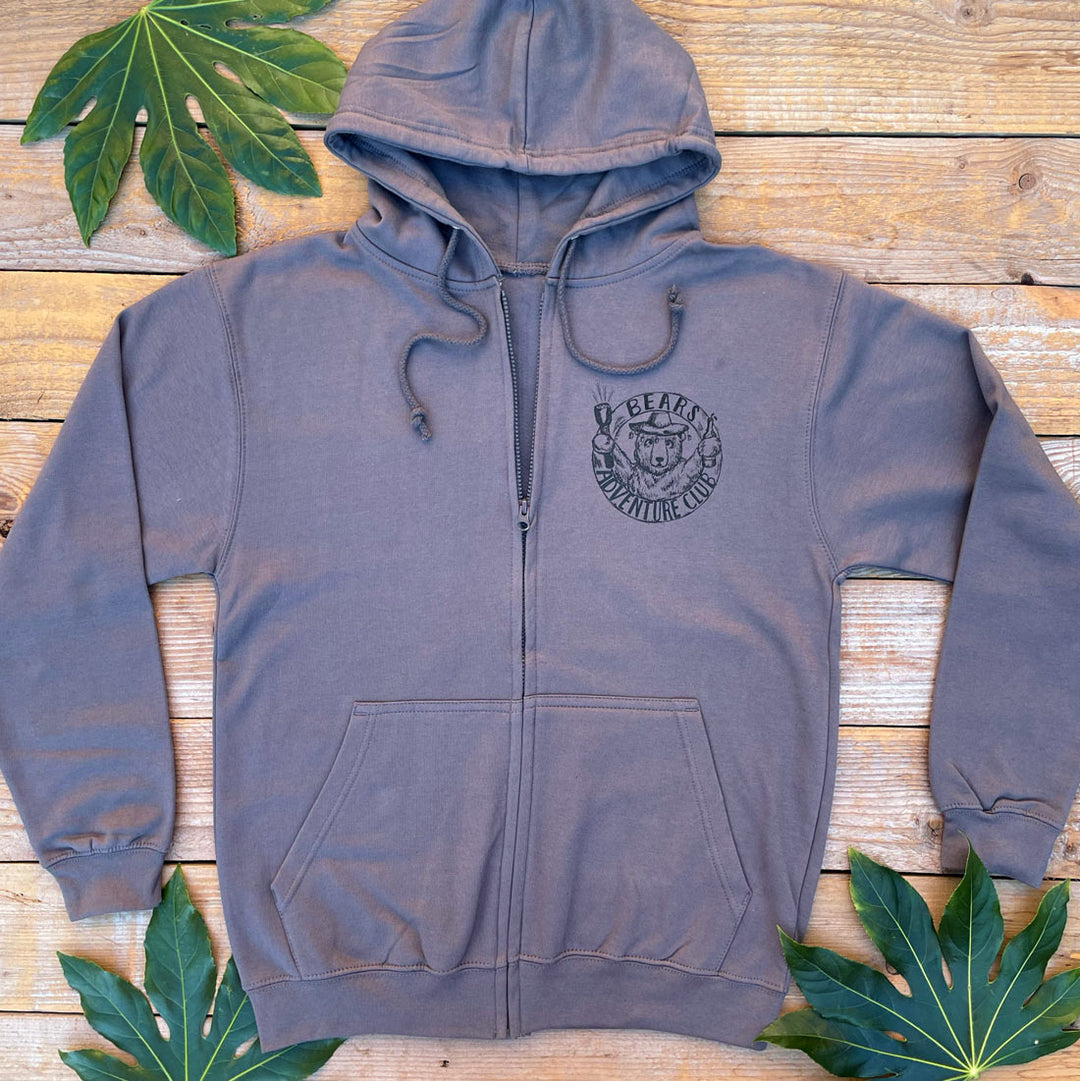 charcoal hoodie with bear adventure club design pocket print