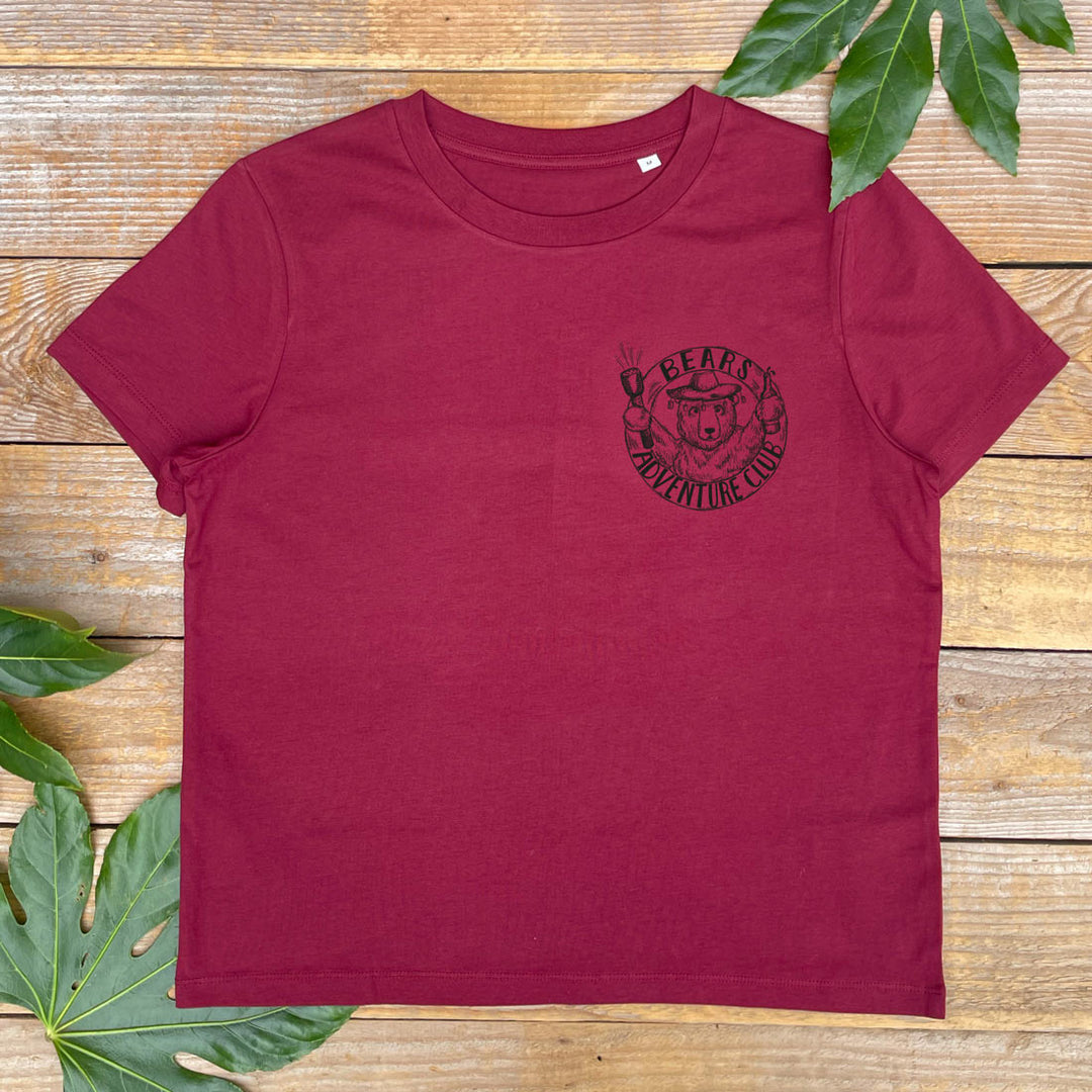 womens burgundy tshirt with bear club design