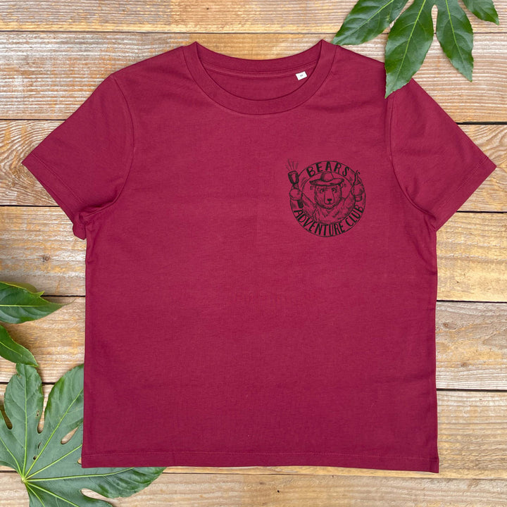 womens burgundy tshirt with bear club design