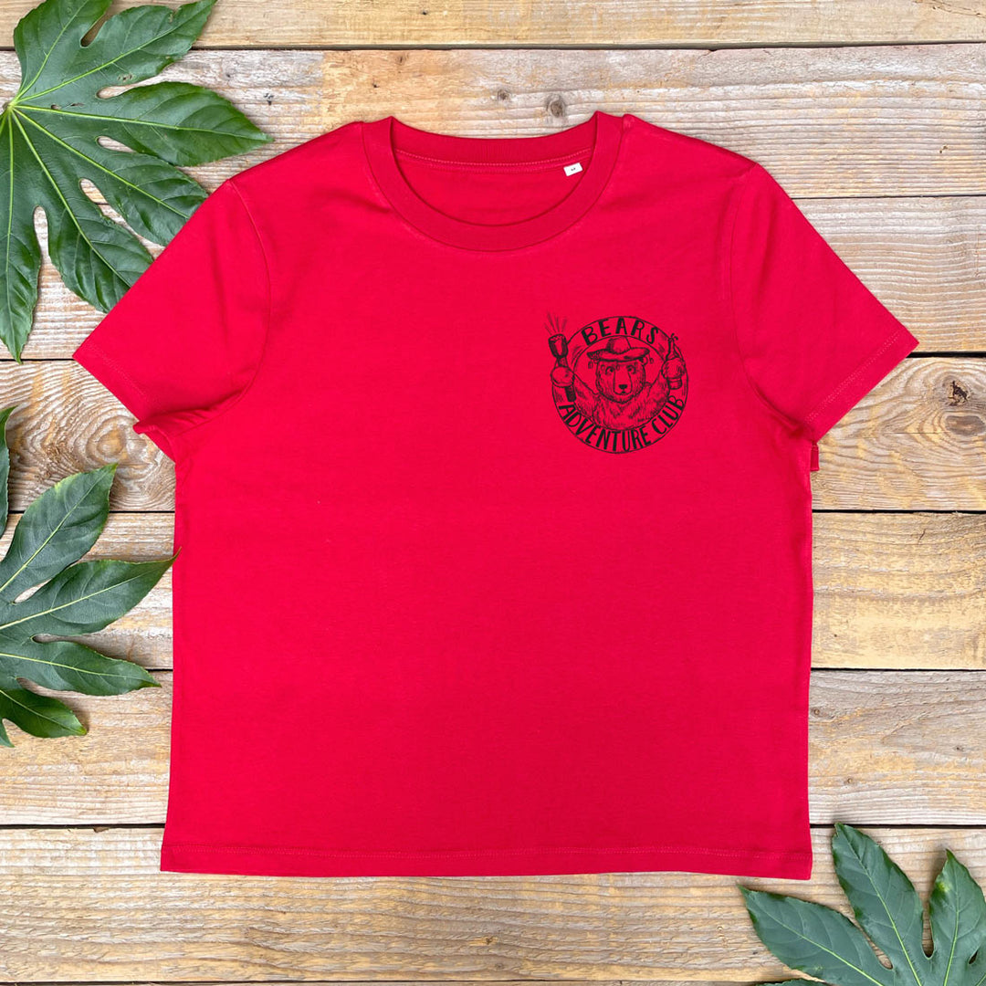 womens red tee with bear pocket print