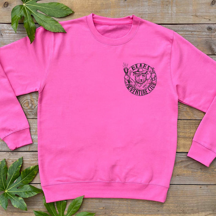 pink jumper with bear adventure club design