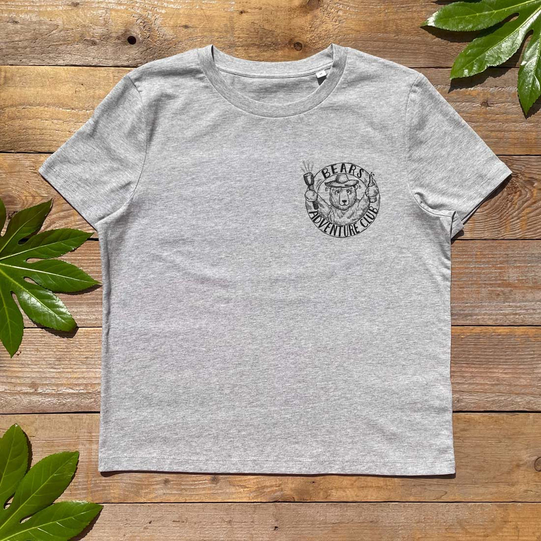 womens grey tshirt with bears adventure club logo
