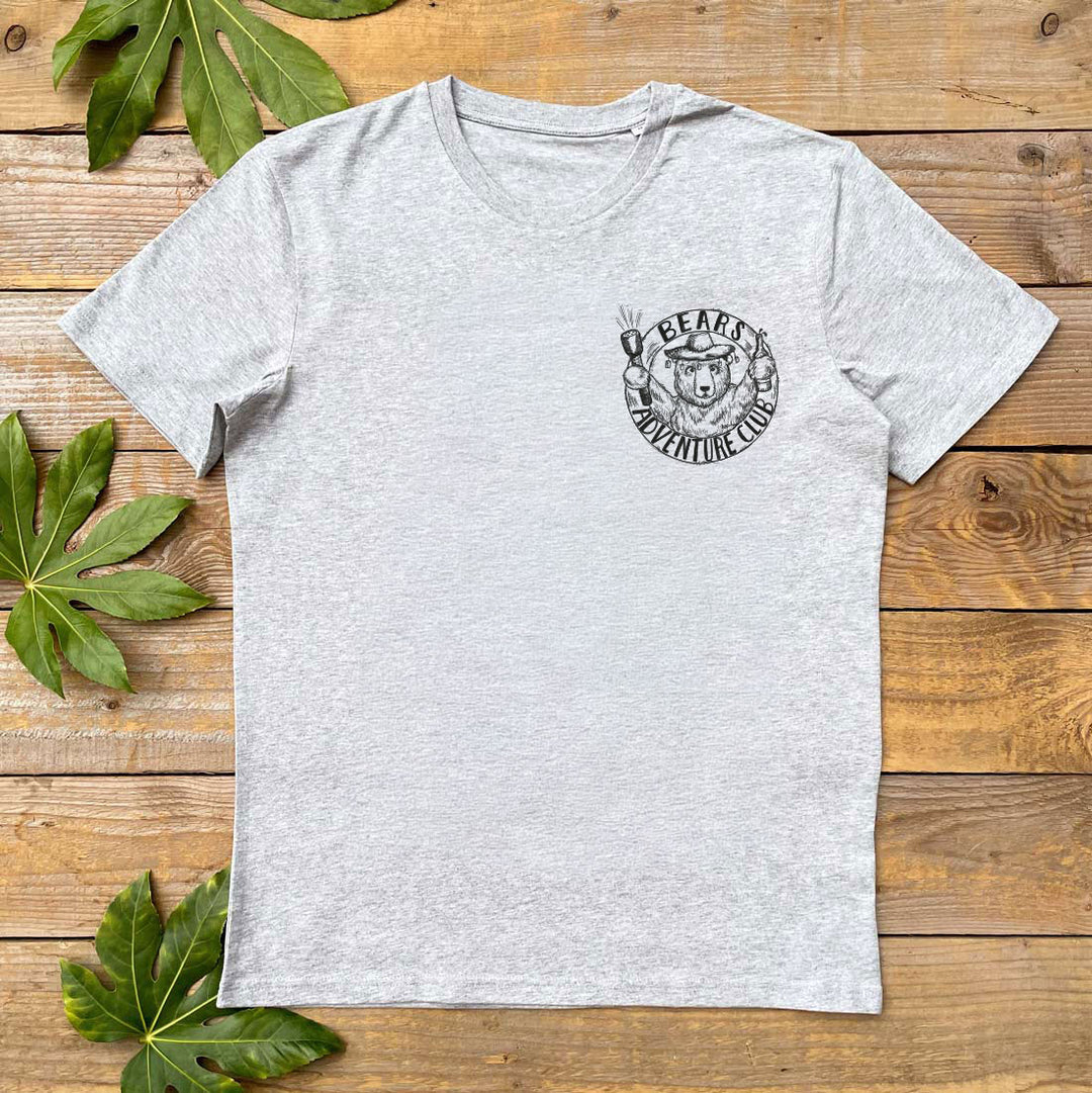 mens grey tee with bears adventure club logo