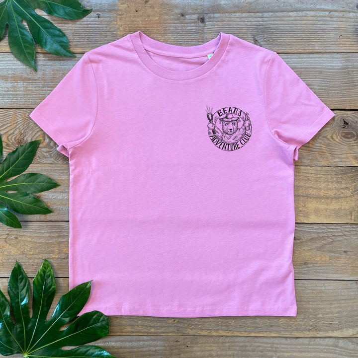 womens pink tshirt with bear adventure club design
