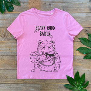 womens pink tee with bear and baking bowl