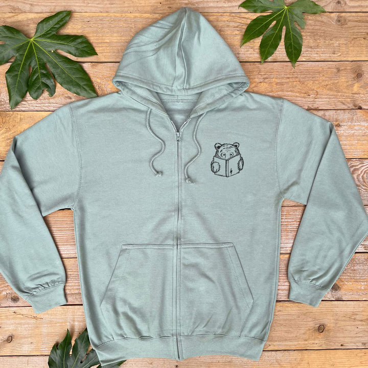 mint hoodie with a bear reading a book design