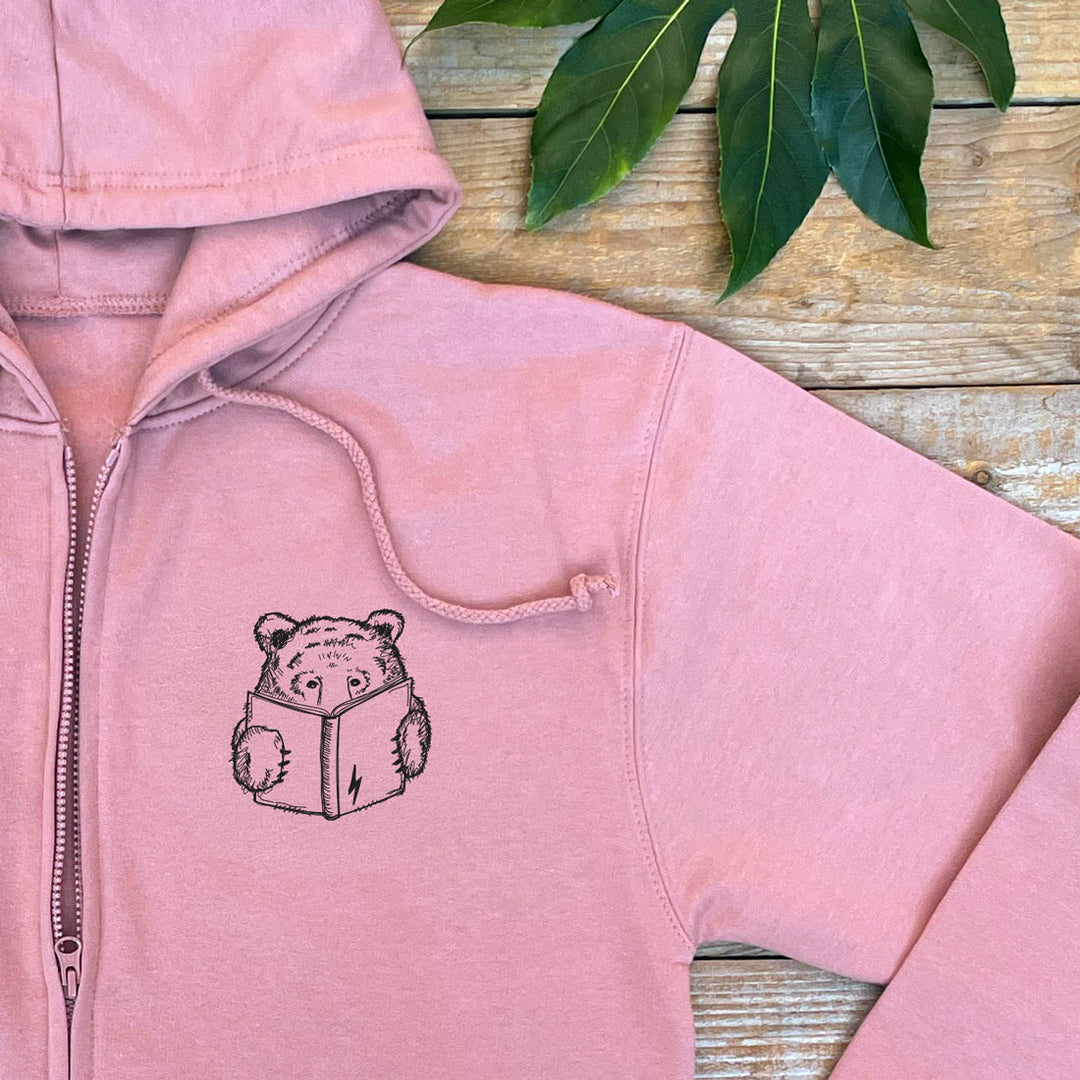 dusky pink hoodie with a bear and book print