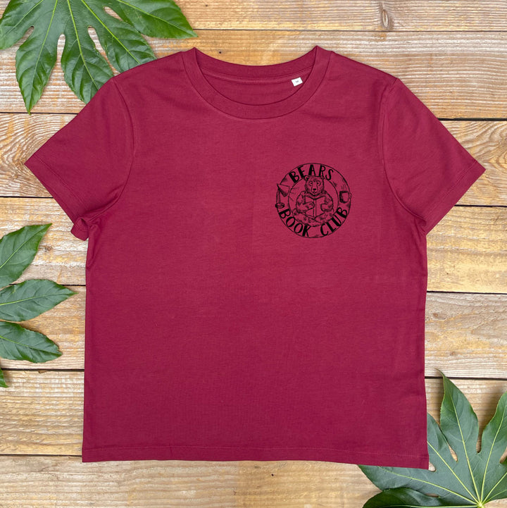 womens burgundy book bear tshirt
