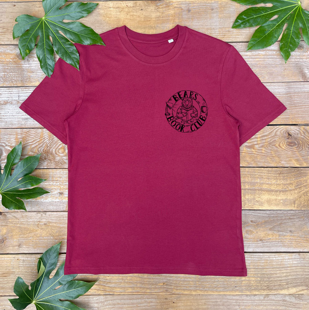 mens burgundy tshirt with book club logo