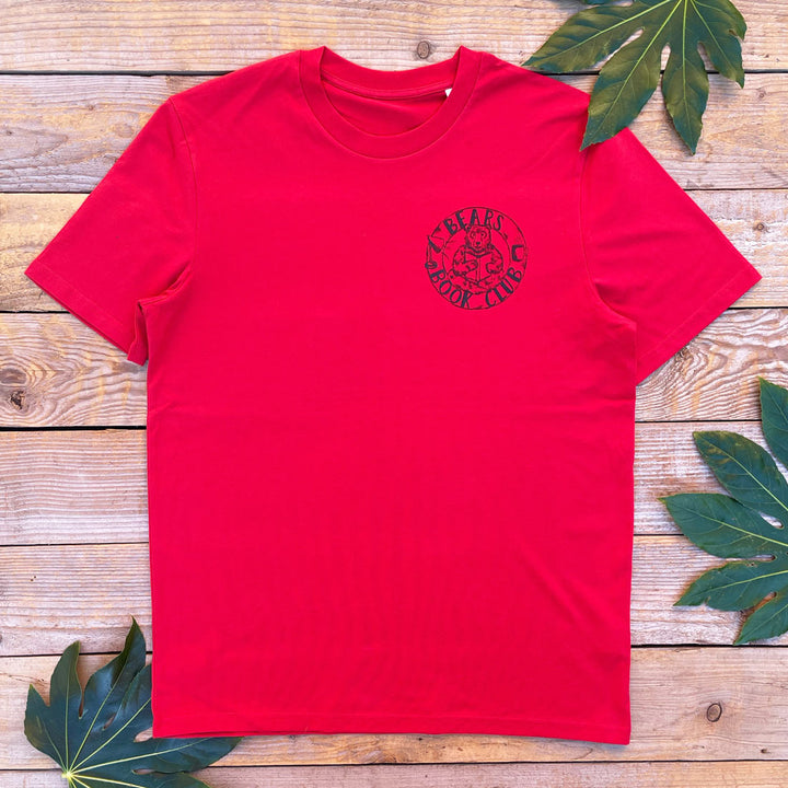 mens chilly red tshirt with bear and book logo