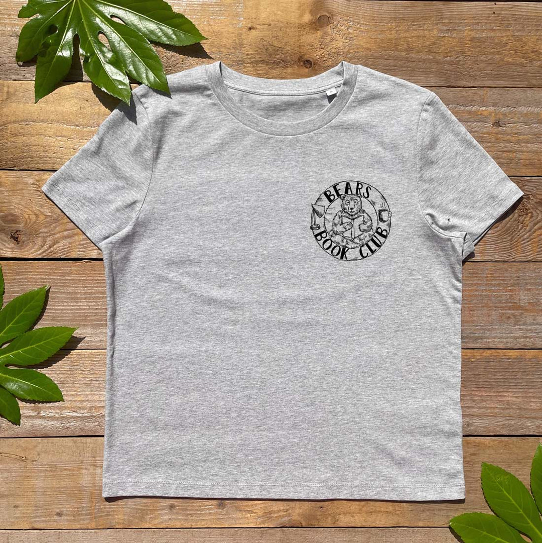 womens grey tshirt with bear and book logo