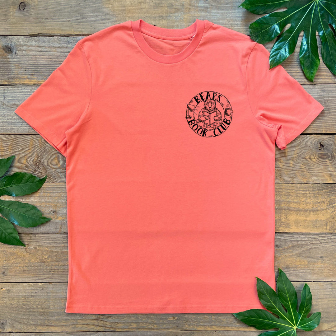 mens orange red tshirt with bear book club design