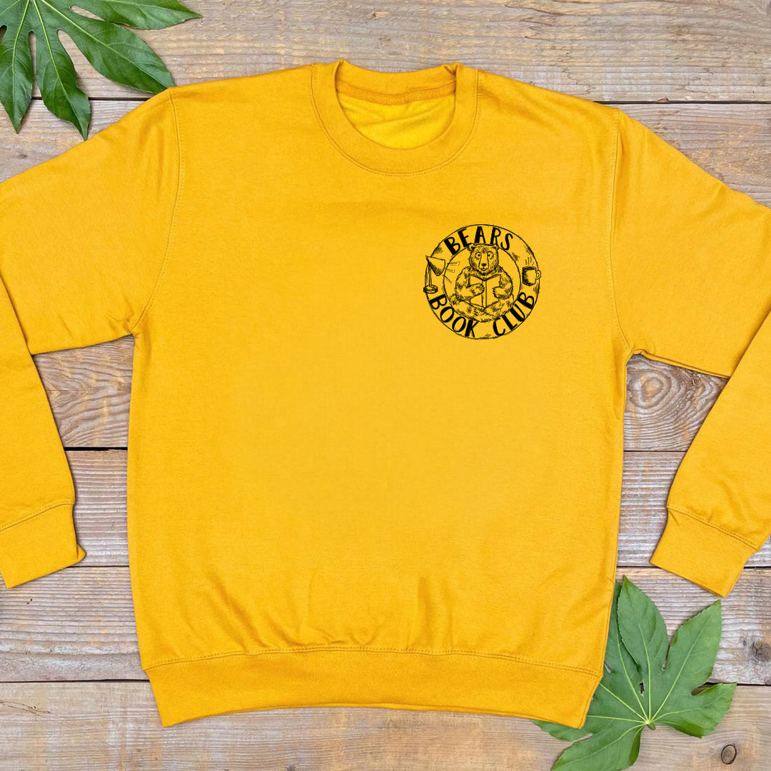 mustard jumper with bears book club logo