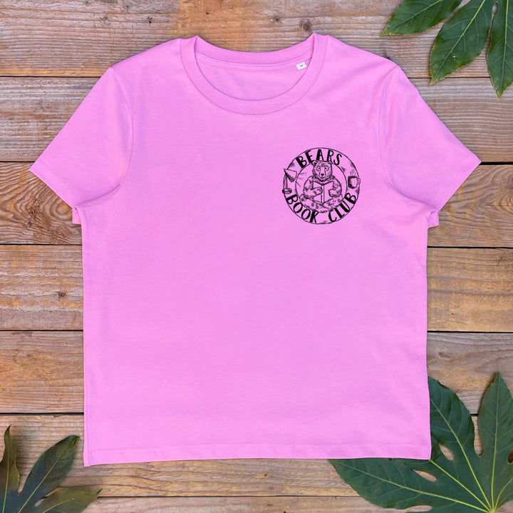 womens pink tshirt with bear reading book logo 