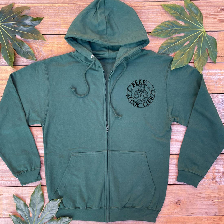 green hoodie with bear book club design
