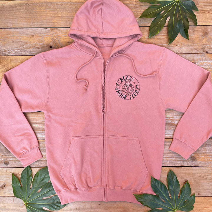 pink hoodie with bear book club print