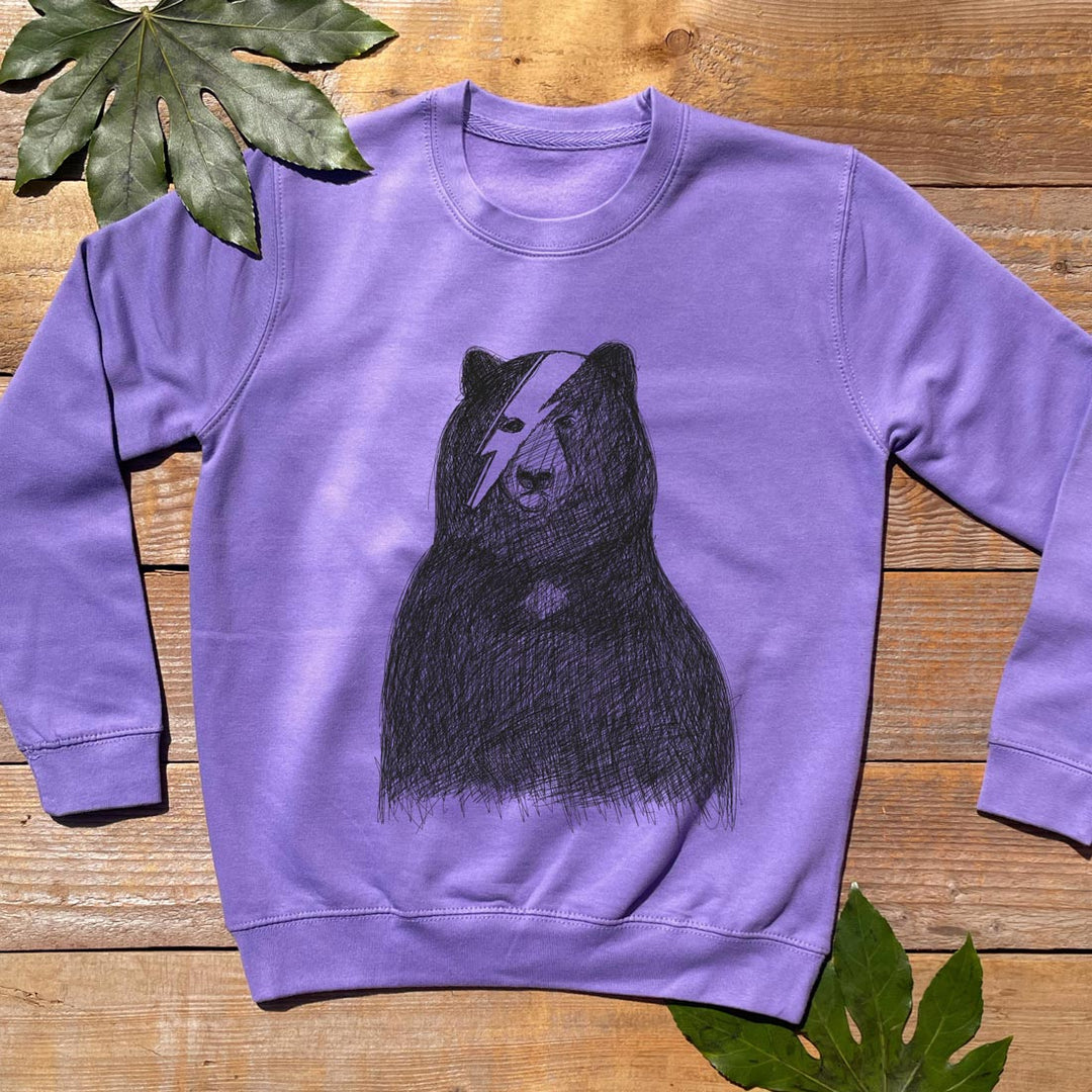 purple kids jumper with bear and bowie lightning