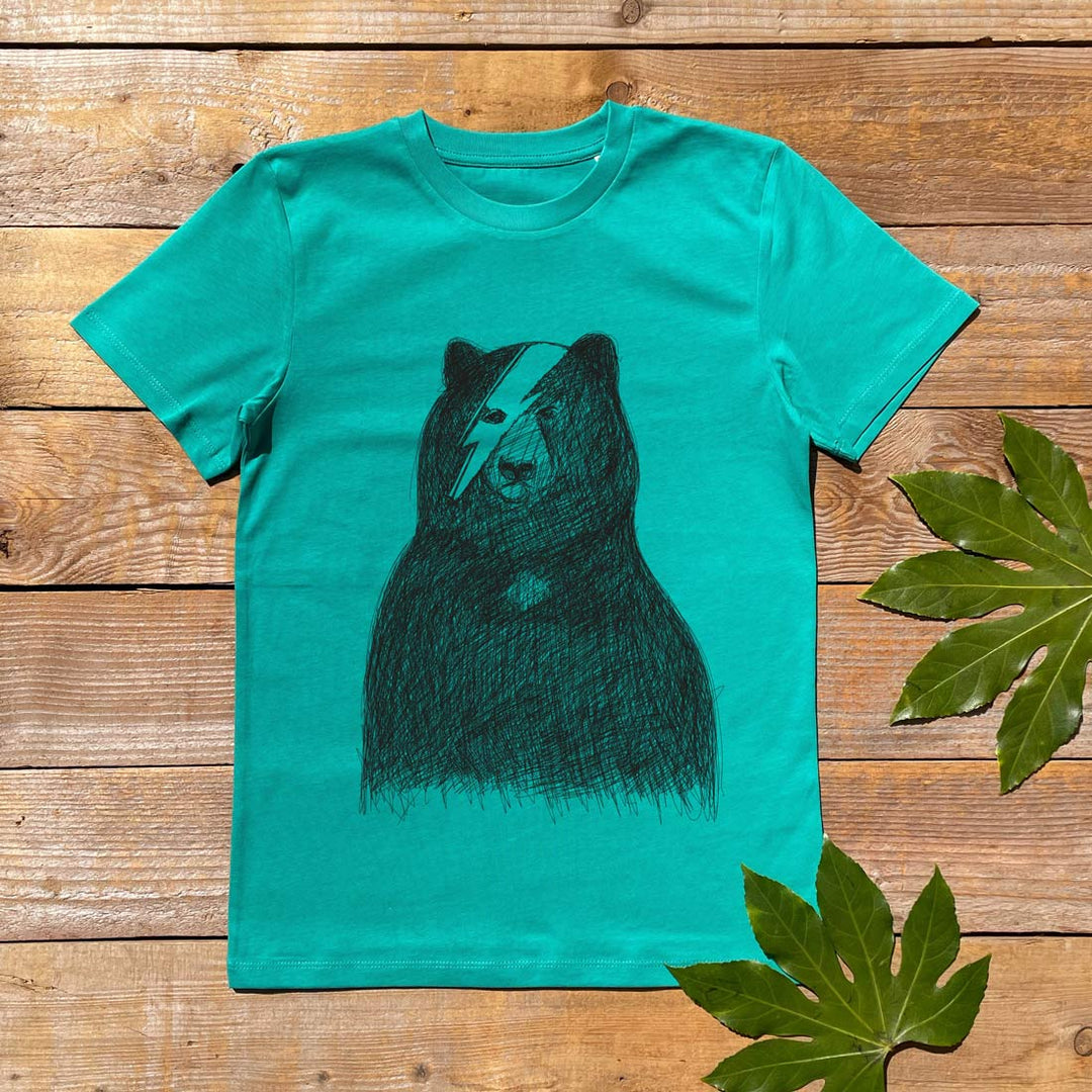 green kids tee with bowie bear print