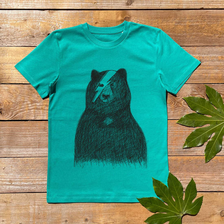 green kids tee with bowie bear print