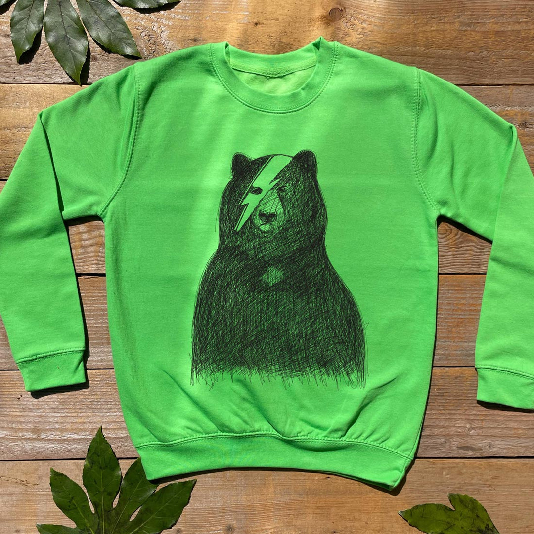 green kids jumper with bowie lightning bear print