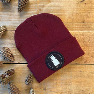 burgundy 
beanie with ghost bear patch