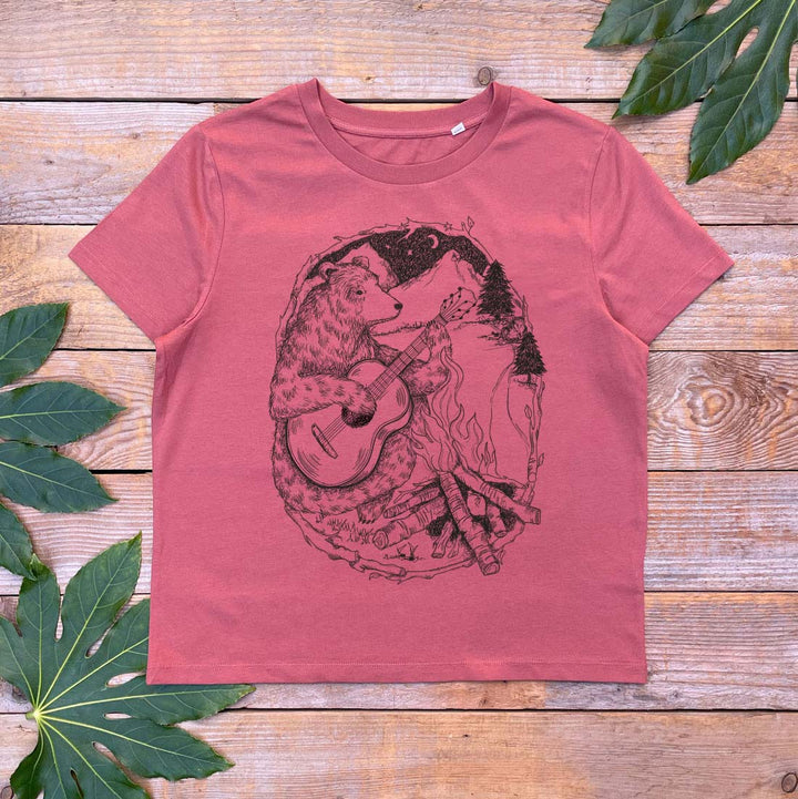brown womens tee with bear and guitar