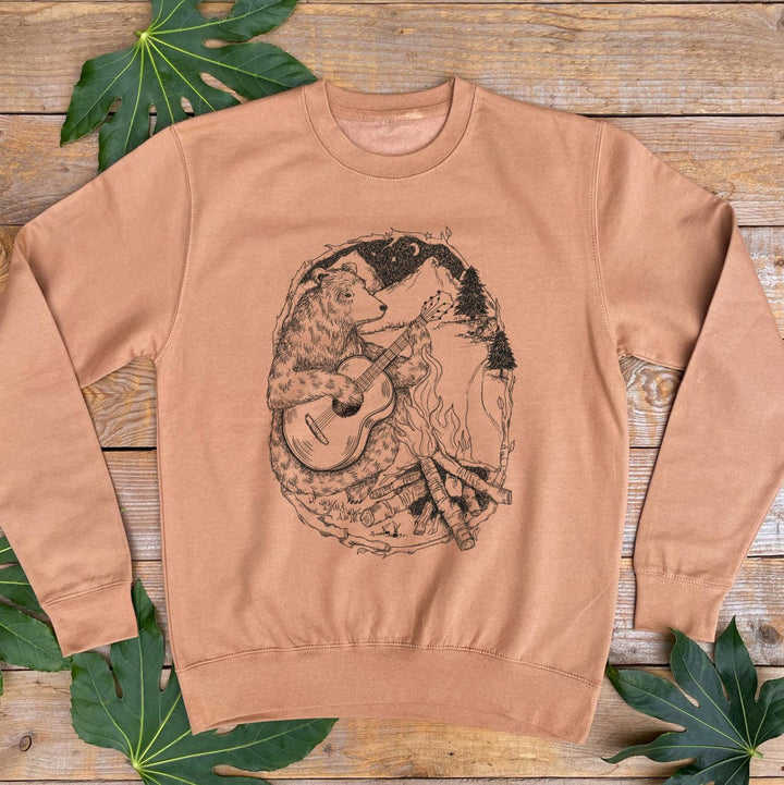 brown mens jumper with bear and guitar