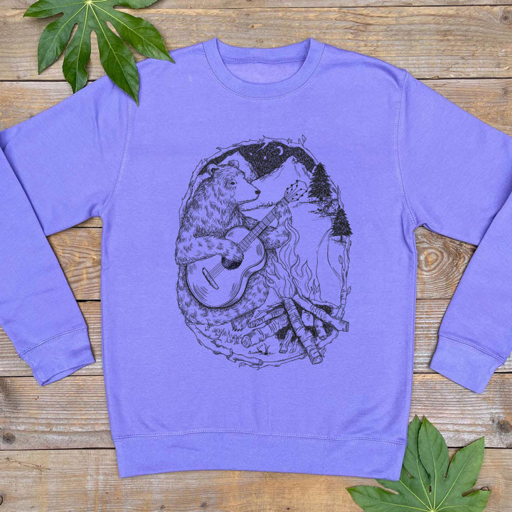 purple jumper with bear and guitar design
