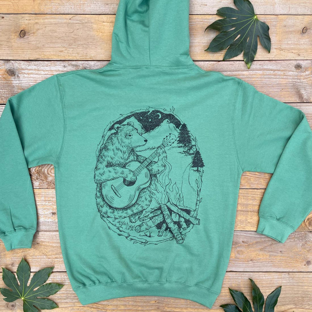 green hoodie with bear and guitar print