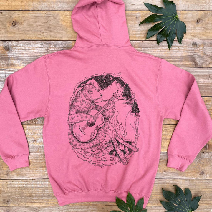 red hoodie with bear playing guitar