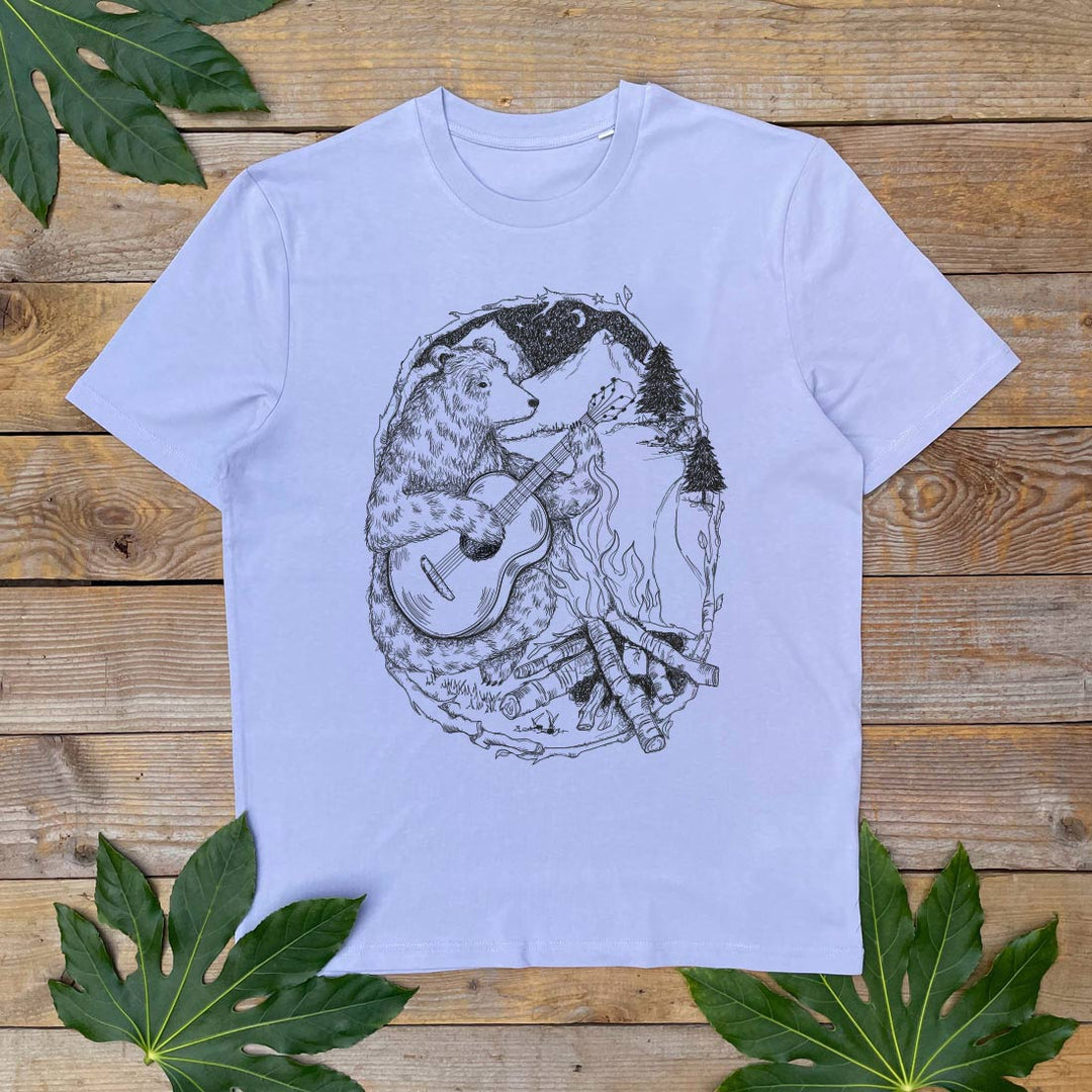 lilac tee with bear and guitar